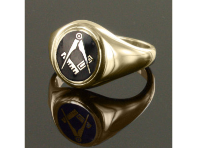 Masonic Ring Black Square and Compass  with Fixed Head - 9ct Gold 