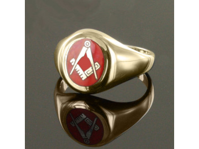 Oval Shape Square And Compass Masonic Ring in Red With Fixed Head - 9ct Gold 