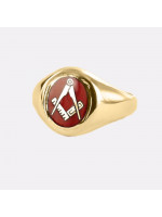 Oval Shape Square And Compass Masonic Ring in Red With Fixed Head - 9ct Gold 