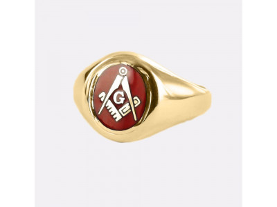 Square And Compass with G Oval Head Masonic Ring in Red With Fixed Head - 9ct Gold 