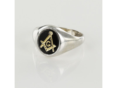 Masonic Ring - Onyx Set - Square and Compass With G - Solid Silver Hallmarked