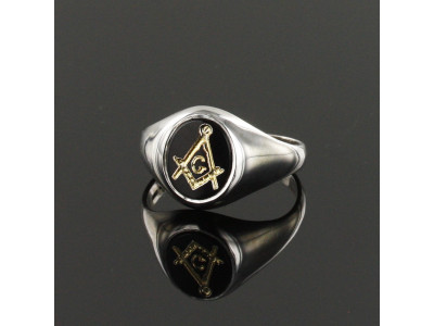 Masonic Ring - Onyx Set - Square and Compass With G - Solid Silver Hallmarked