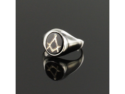Masonic Ring - Onyx Set - Square and Compass - Solid Silver Hallmarked