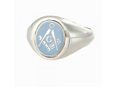 Masonic Ring Light Blue Square and Compass With G - Reversible Head -  Solid Silver 