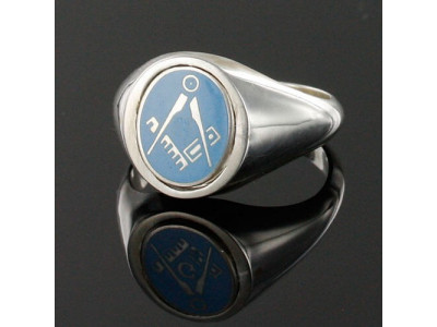 Masonic Ring Light Blue Square and Compass - Reversible Head -  Solid Silver 