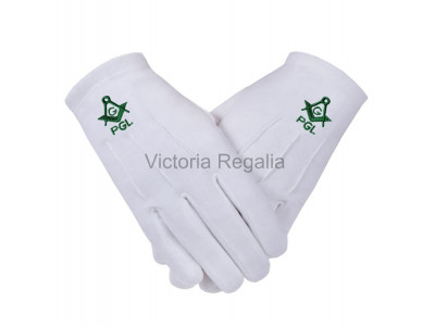  Cotton Gloves with Green Square Compass and G plus PGL - Masonic