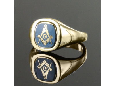 Masonic 9ct Gold Light Blue Square, Compass and G Ring with Reversible Cushion Head