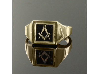 Masonic 9ct Gold Black Square and Compass Ring with Reversible Square Head