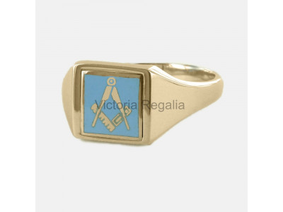 Masonic 9ct Gold Light Blue Square and Compass Ring with Reversible Square Head