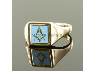 Masonic 9kt guld ljusblå fyrkant och kompassring med vändbart fyrkantigt huvud