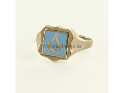 Masonic 9ct Gold Light Blue Square and Compass Ring with Reversible Shield Head