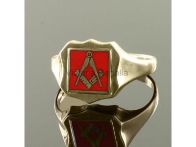 Masonic 9 karat guld röd fyrkant och kompassring med vändbart skärmhuvud