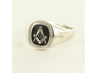 Masonic Silver Square, Compass and G Ring with Reversible Cushion Head (Black)
