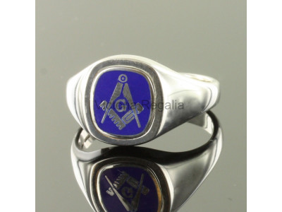 Masonic Silver Square, Compass and G Ring with Reversible Cushion Head (Blue)