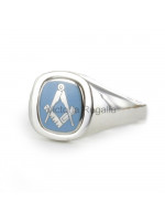 Masonic Silver Square and Compass Ring with Reversible Cushion Head (Light Blue)