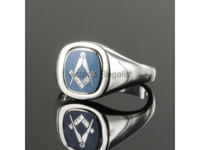 Masonic Silver Square and Compass Ring with Reversible Cushion Head (Light Blue)