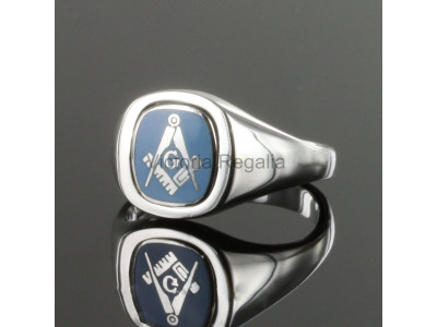 Masonic Silver Square, Compass and G Ring with Reversible Cushion Head (Light Blue)