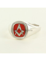 Masonic Silver Square and Compass Ring with Reversible Cushion Head (Red)