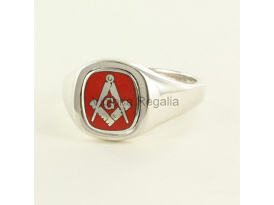 Masonic Silver Square, Compass and G Ring with Reversible Cushion Head (Red)