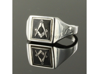 Masonic Silver Square and Compass Ring with Reversible Square Head (Black)