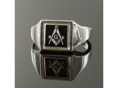 Masonic Silver Square, Compass and G Ring with Reversible Square Head (Black)