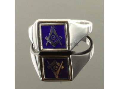 Masonic Silver Square, Compass and G Ring with Reversible Square Head (Blue)