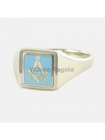 Masonic Silver Square, Compass and G Ring with Reversible Square Head (Light Blue)