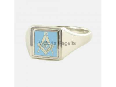 Masonic Silver Square, Compass and G Ring with Reversible Square Head (Light Blue)