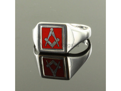 Masonic Silver Square and Compass Ring with Reversible Square Head (Red)