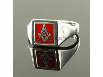 Masonic Silver Square, Compass and G Ring with Reversible Square Head (Red)