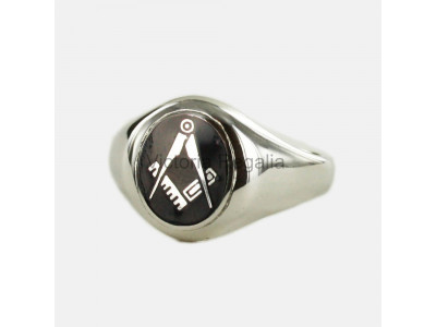 Masonic Silver Square and Compass Ring with Fixed Oval Head (Black)