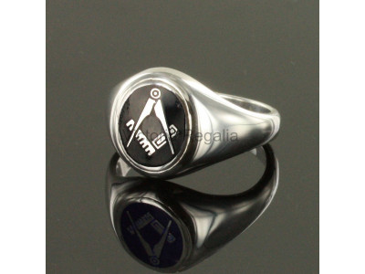 Masonic Silver Square and Compass Ring with Fixed Oval Head (Black)