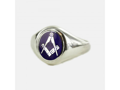 Masonic Silver Square and Compass Ring with Fixed Oval Head (Blue)