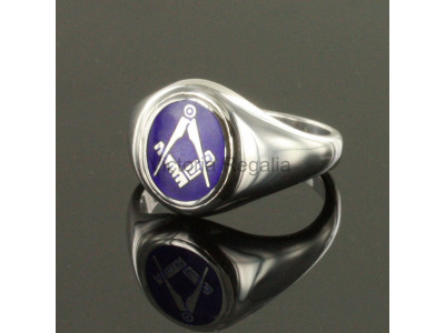 Masonic Silver Square and Compass Ring with Fixed Oval Head (Blue)