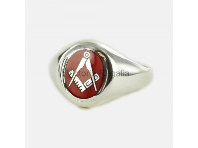 Masonic Silver Square and Compass Ring with Fixed Oval Head (Red)