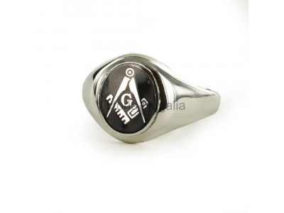 Masonic Silver Square, Compass and G Ring with Fixed Oval Head (Black)