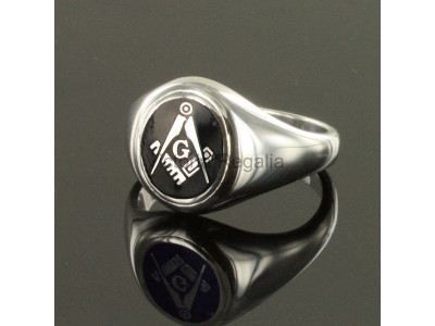 Masonic Silver Square, Compass and G Ring with Fixed Oval Head (Black)