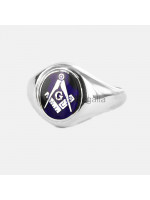 Masonic Silver Square, Compass and G Ring with Fixed Oval Head (Blue)