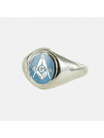 Masonic Silver Square, Compass and G Ring with Fixed Oval Head (Light Blue)