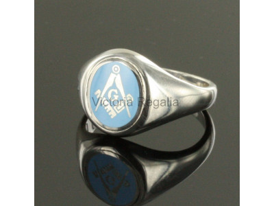 Frimurerisk silverfyrkant, kompass och G-ring med fast ovalt huvud (ljusblå)