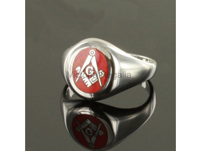 Masonic Silver Square, Compass and G Ring with Fixed Oval Head (Red)