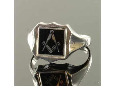 Masonic Silver Square and Compass Ring with Reversible Shield Head (Black)