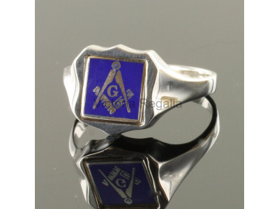 Masonic Silver Square, Compass and G Ring with Reversible Shield Head (Blue)