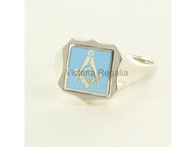 Masonic Silver Square, Compass and G Ring with Reversible Shield Head (Light Blue)