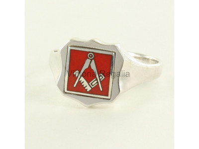 Masonic Silver Square and Compass Ring with Reversible Shield Head (Red)