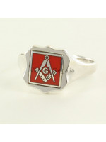 Masonic Silver Square, Compass and G Ring with Reversible Shield Head (Red)