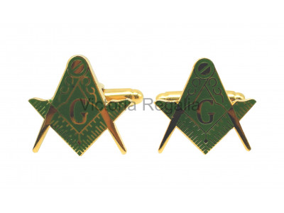 Masonic Square and Compass with G Freemasons Cufflinks - Green and Gold