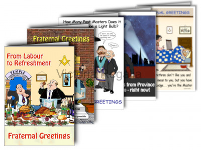 Förpackning med 5 olika gratulationskort med frimurarnas humor (porträtt)