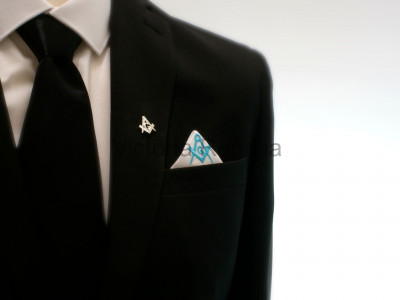 Masonic Plain White Pocket Square with Sky Blue embroidered Freemasons Square Compass and G (SC&G)