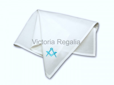 Masonic Plain White Pocket Square with Sky Blue embroidered Freemasons Square and Compass (S&C)